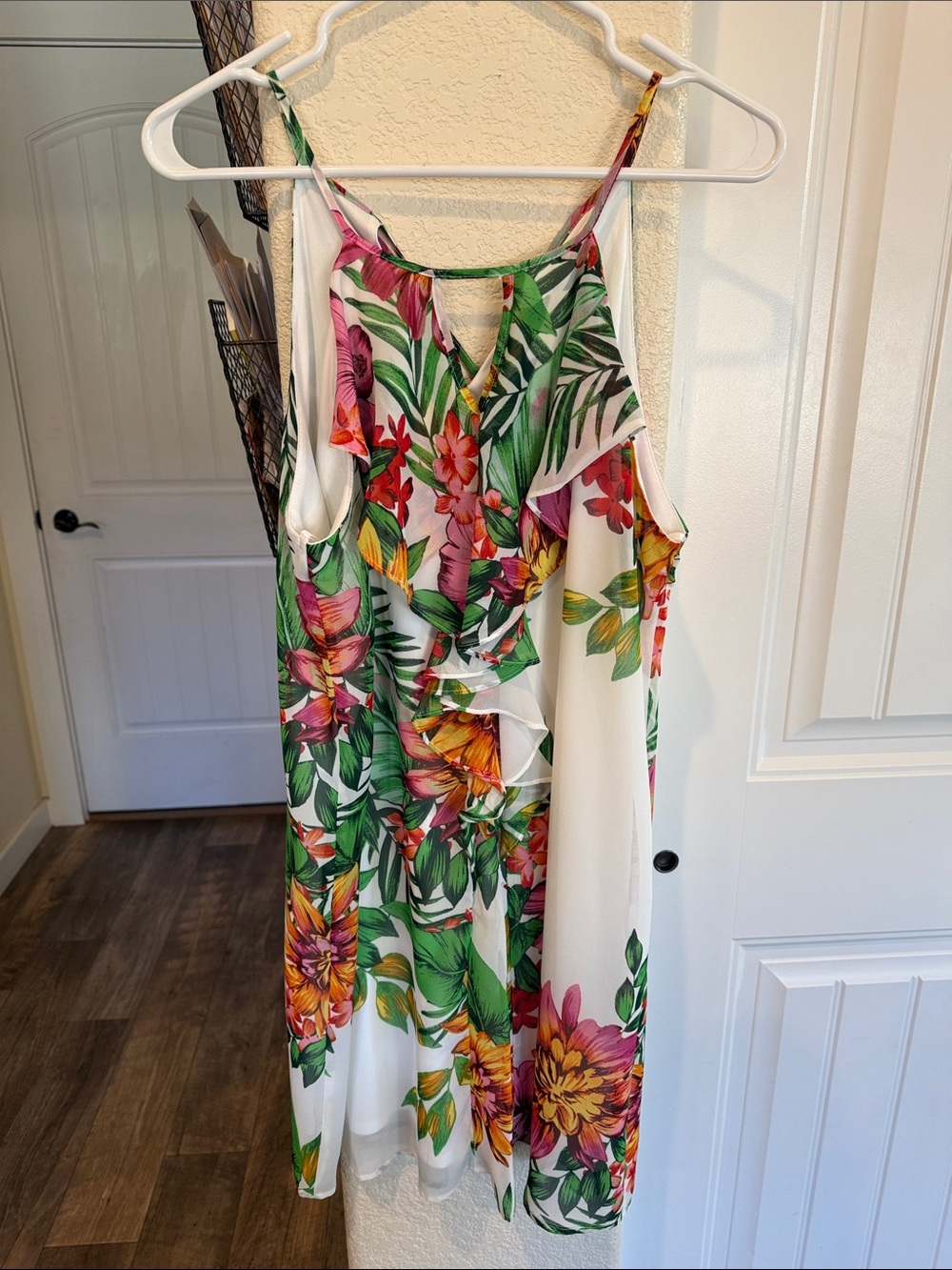 City Studio White Floral Ruffle Midi Dress with Green & Pink Print